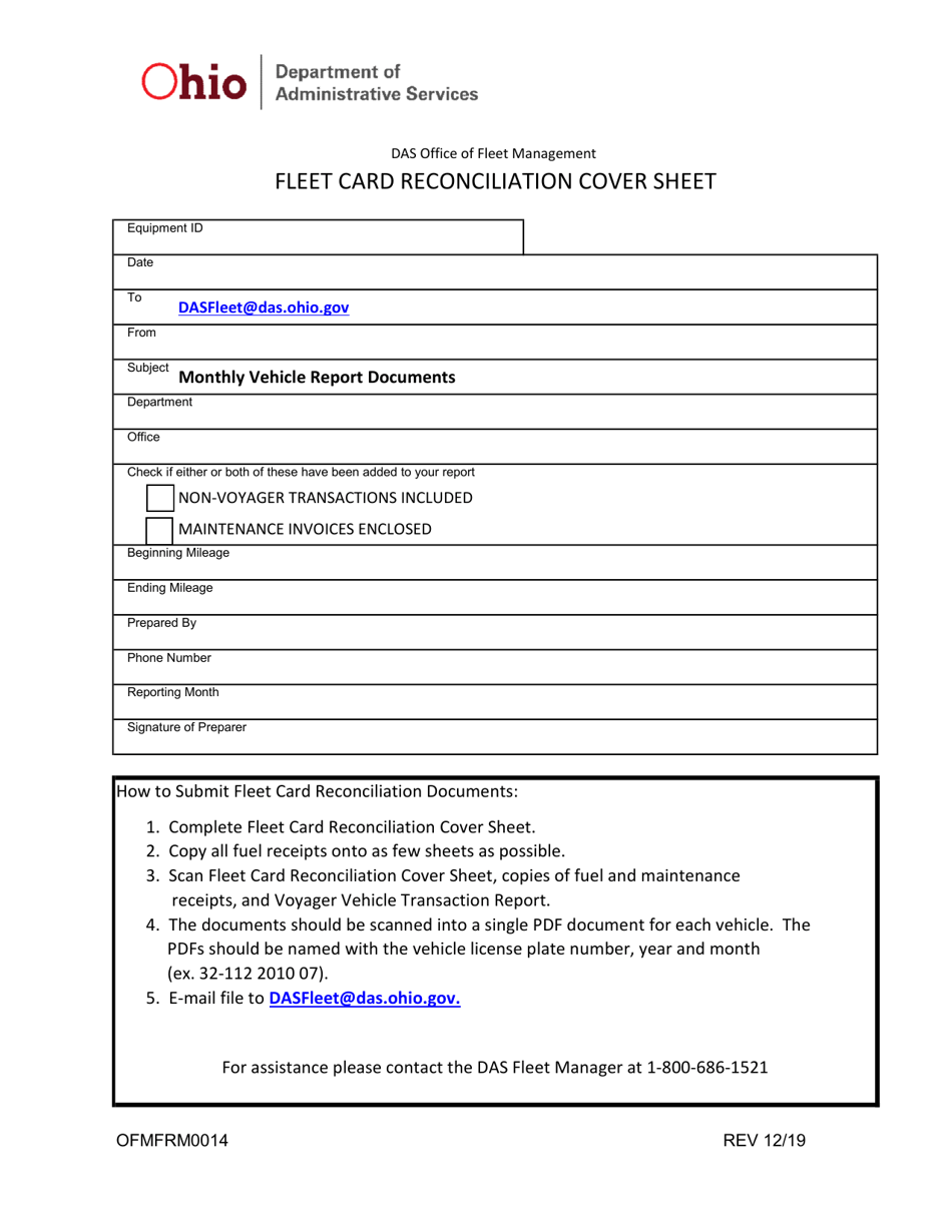 Form OFMFRM0014 Fleet Card Reconciliation Cover Sheet - Ohio, Page 1