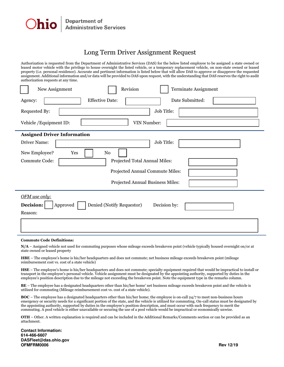 Form OFMFRM0006 Long Term Driver Assignment Request - Ohio, Page 1