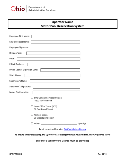 Form OFMFRM0015 Motor Pool Reservation Portal Enrollment - Ohio