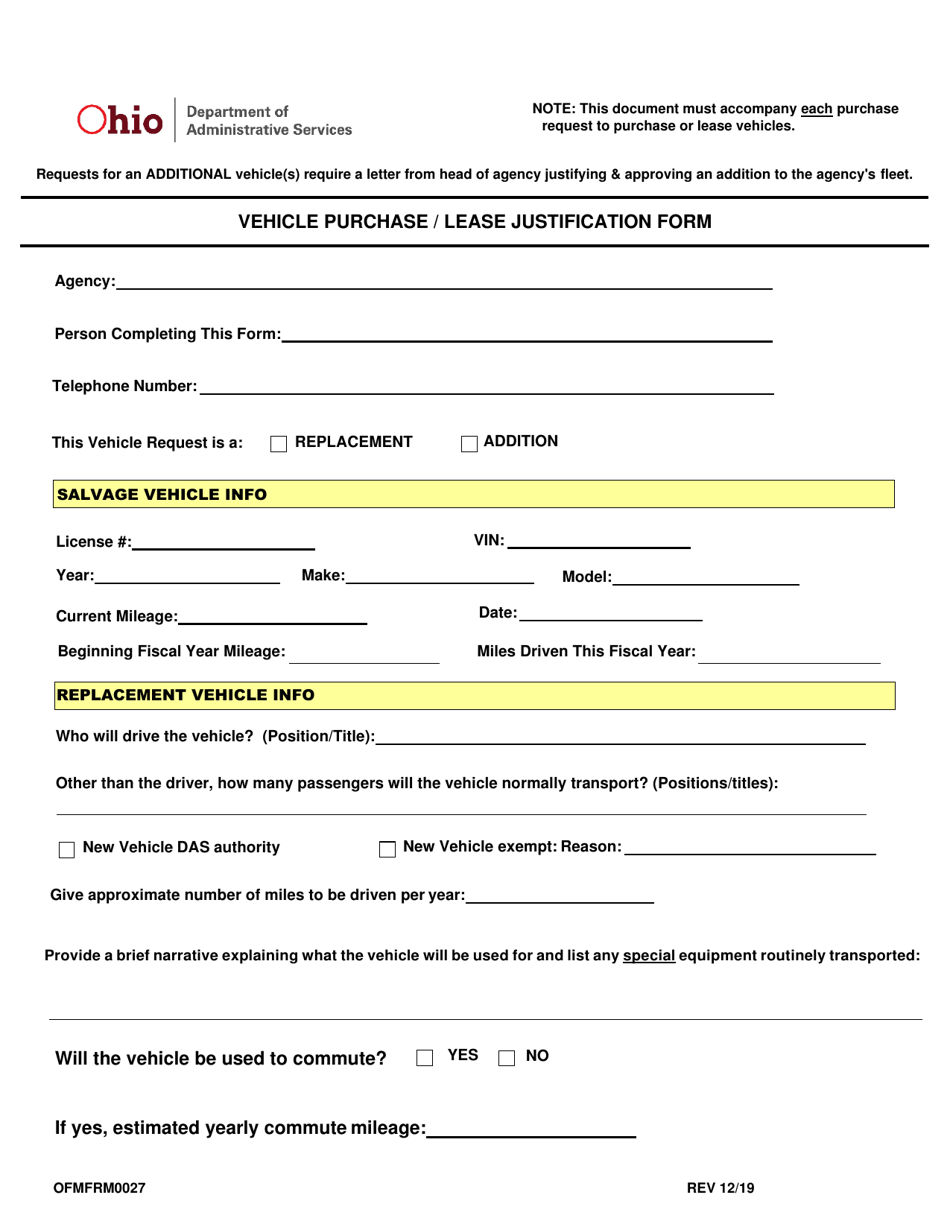 Form OFMFRM0027 Vehicle Purchase / Lease Justification Form - Ohio, Page 1