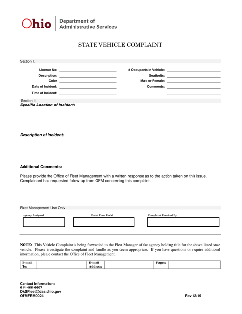 Form OFMFRM0024 State Vehicle Complaint - Ohio