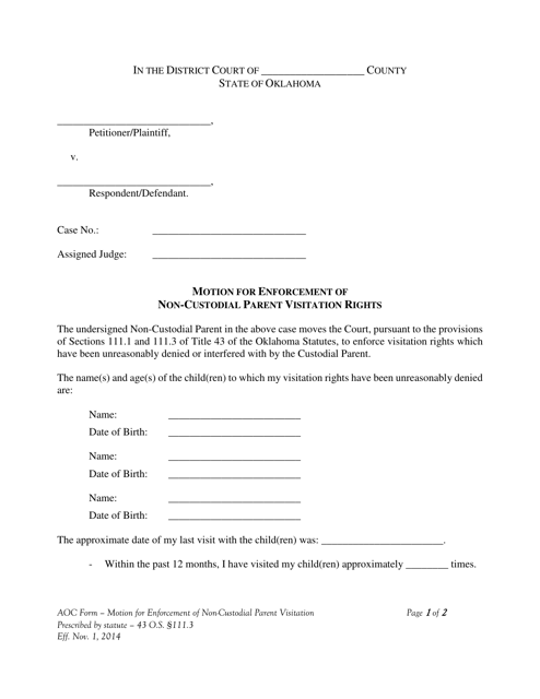 Motion for Enforcement of Non-custodial Parent Visitation Rights - Oklahoma Download Pdf