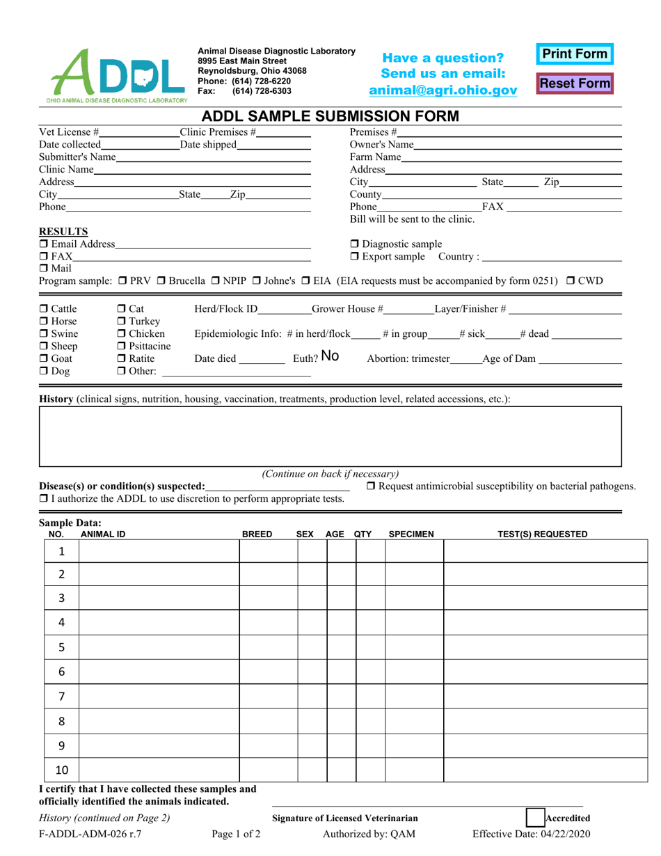 Form F-ADDL-ADM-026 Addl Sample Submission Form - Ohio, Page 1