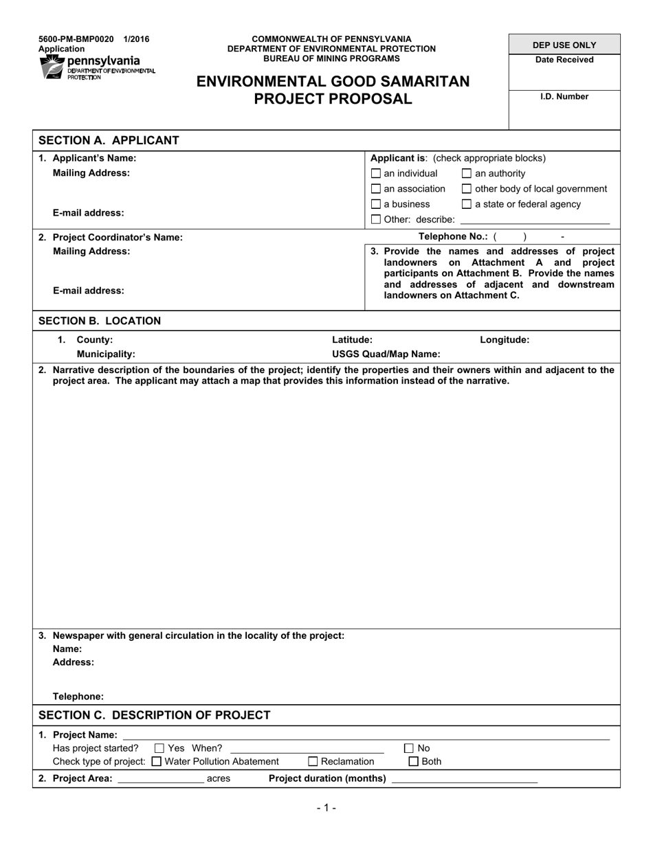 Form 5600-PM-BMP0020 Environmental Good Samaritan Project Proposal - Pennsylvania, Page 1