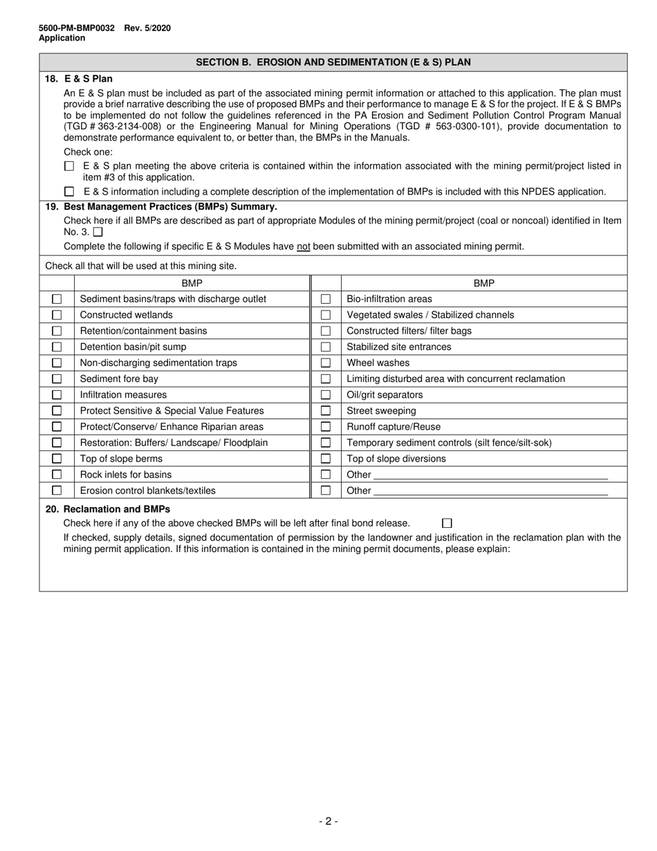 Form 5600-PM-BMP0032 Application for Individual Npdes Permit Associated With Mining Activities - Pennsylvania, Page 2
