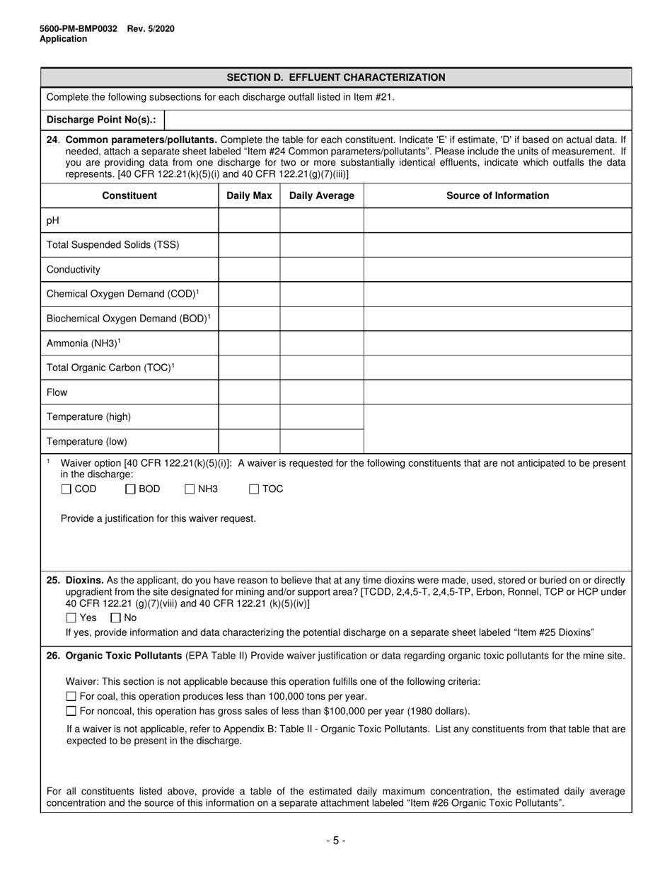 Form 5600-PM-BMP0032 Application for Individual Npdes Permit Associated With Mining Activities - Pennsylvania, Page 5