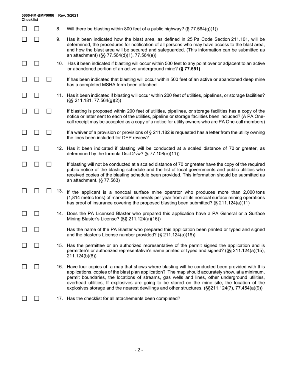 Form 5600-FM-BMP0086 Small Noncoal Blast Plan Checklist - Pennsylvania, Page 2
