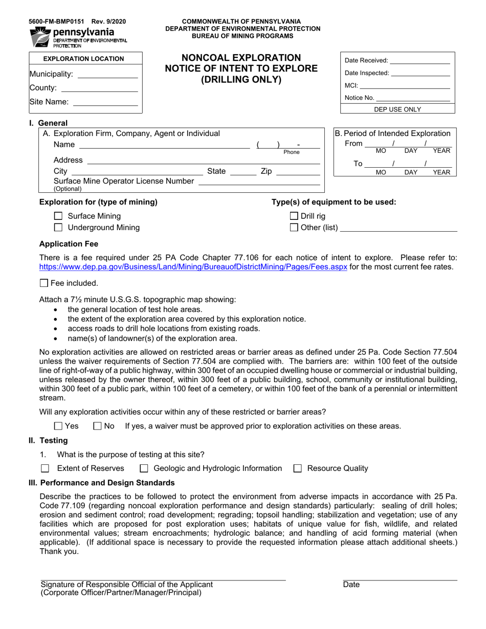 Form 5600-FM-BMP0151 Noncoal Exploration Notice of Intent to Explore (Drilling Only) - Pennsylvania, Page 1