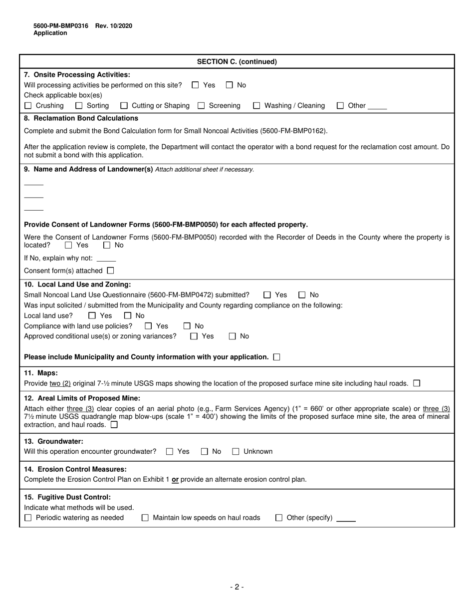 Form 5600-PM-BMP0316 Small Noncoal (Industrial Minerals) Surface Mine Permit Application - Pennsylvania, Page 12