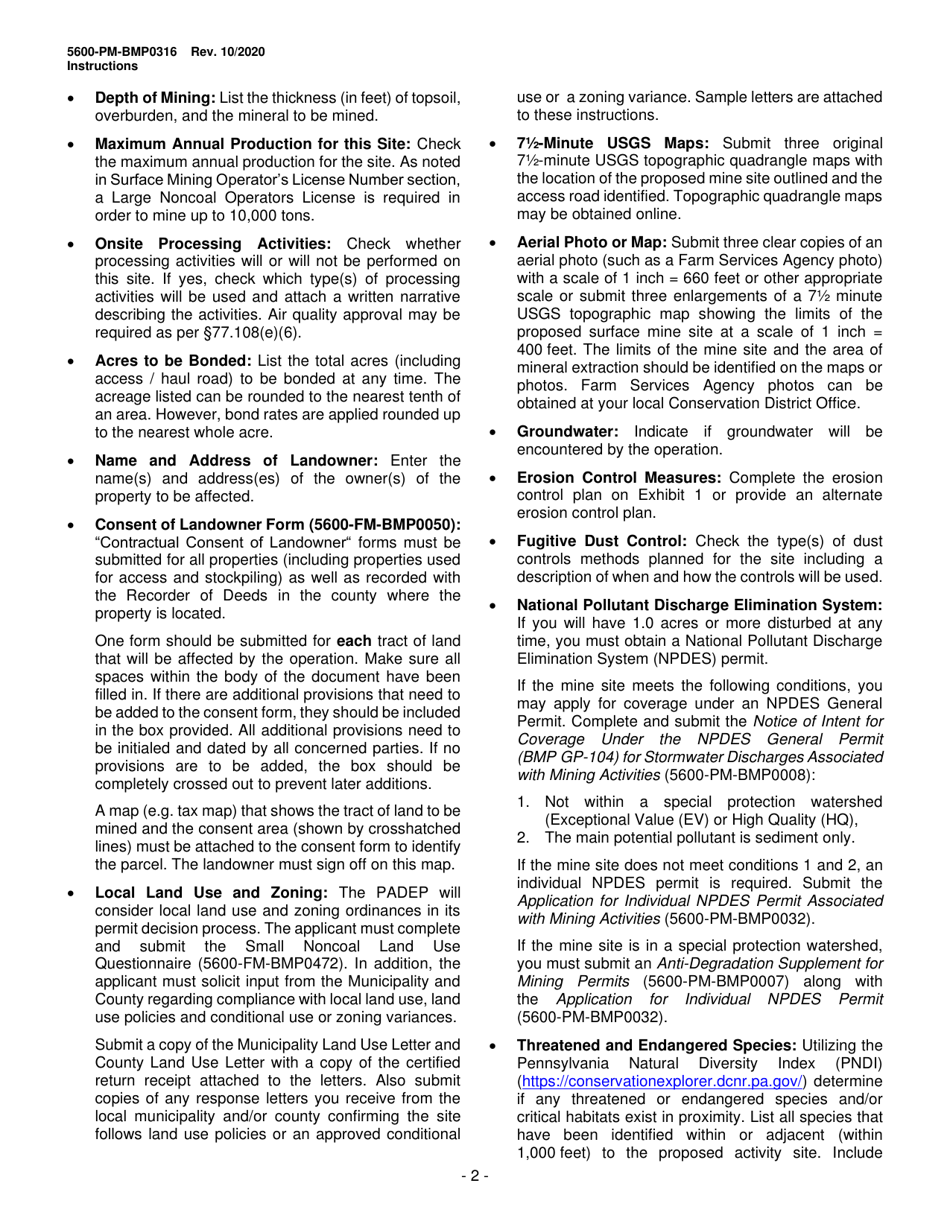 Form 5600-PM-BMP0316 Small Noncoal (Industrial Minerals) Surface Mine Permit Application - Pennsylvania, Page 2