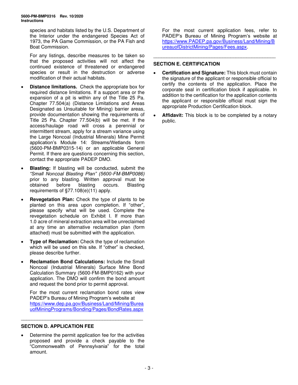 Form 5600-PM-BMP0316 Small Noncoal (Industrial Minerals) Surface Mine Permit Application - Pennsylvania, Page 3