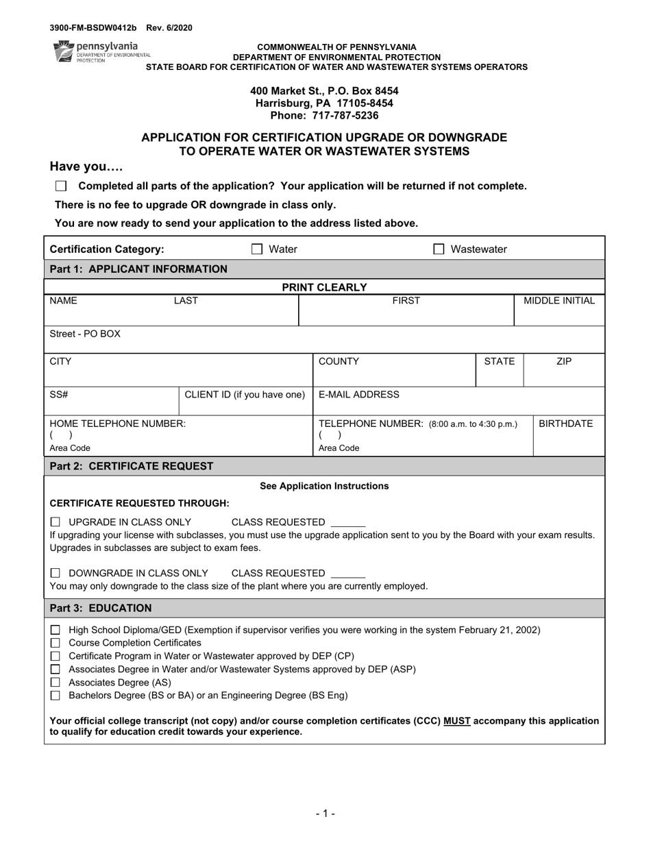 Form 3900-FM-BSDW0412B Application for Certification Upgrade or Downgrade to Operate Water or Wastewater Systems - Pennsylvania, Page 1