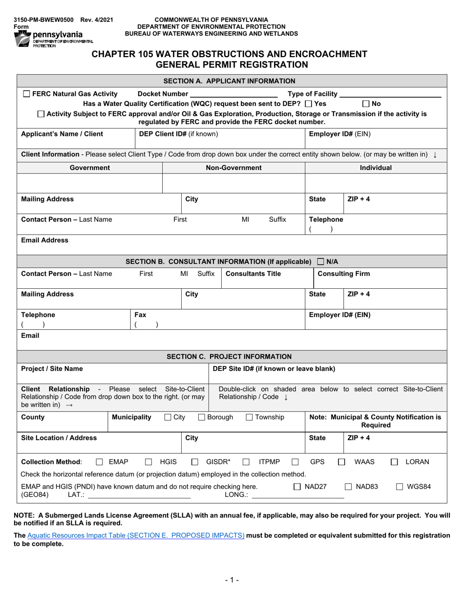 Form 3150-PM-BWEW0500 Chapter 105 Water Obstructions and Encroachment General Permit Registration - Pennsylvania, Page 1