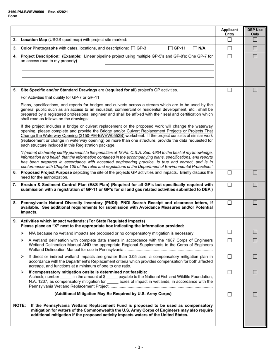 Form 3150-PM-BWEW0500 Chapter 105 Water Obstructions and Encroachment General Permit Registration - Pennsylvania, Page 3