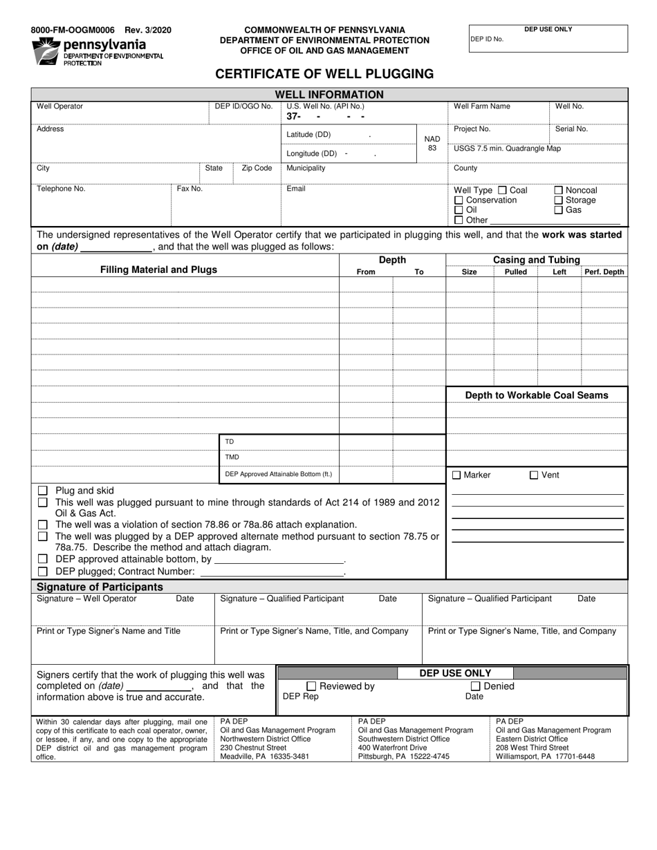 Form 8000-FM-OOGM0006 Certificate of Well Plugging - Pennsylvania, Page 1