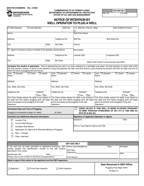 Form 8000-FM-OOGM0005 Notice of Intention by Well Operator to Plug a Well - Pennsylvania