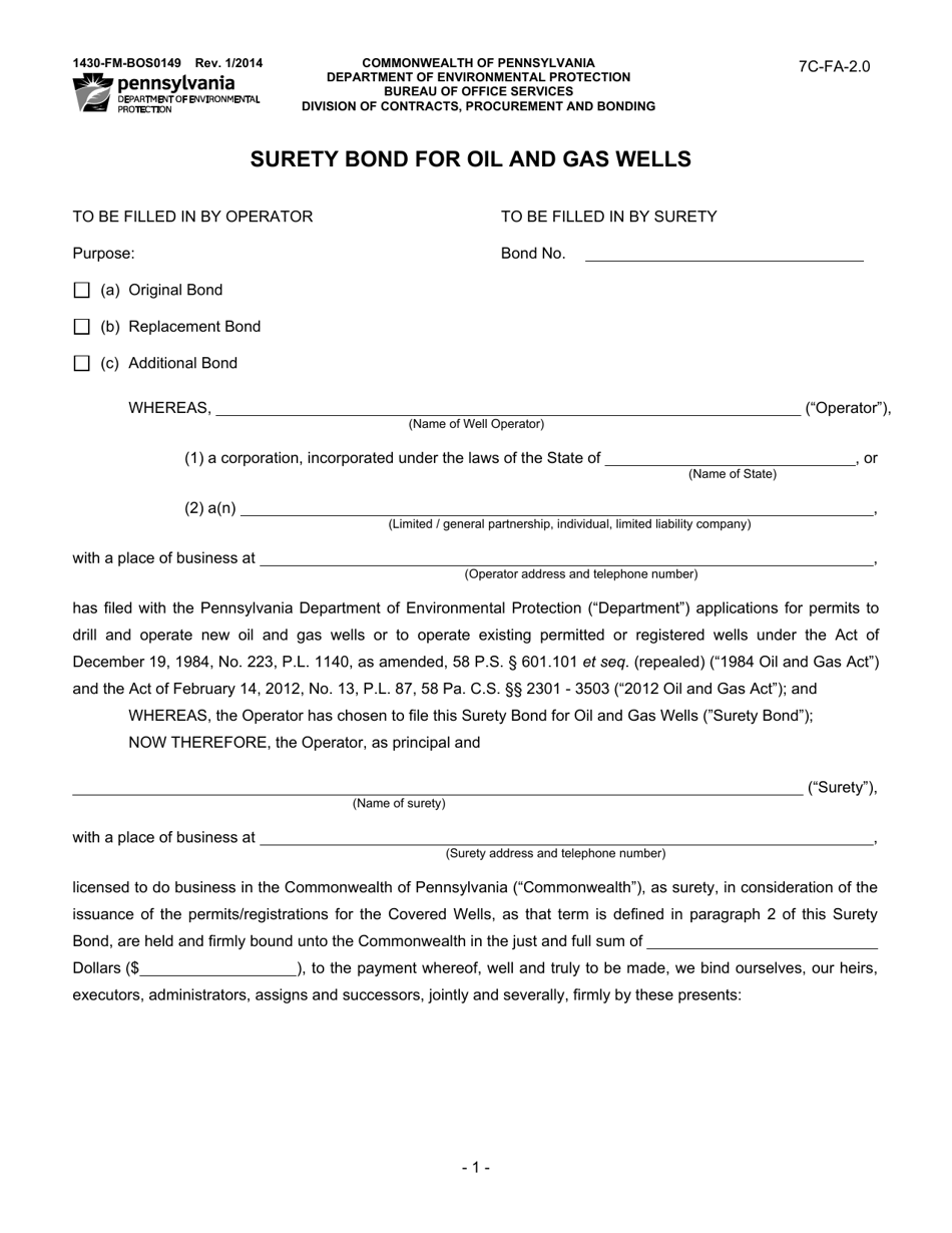 Form 1430-FM-BOS0149 Surety Bond for Oil and Gas Well - Pennsylvania, Page 1