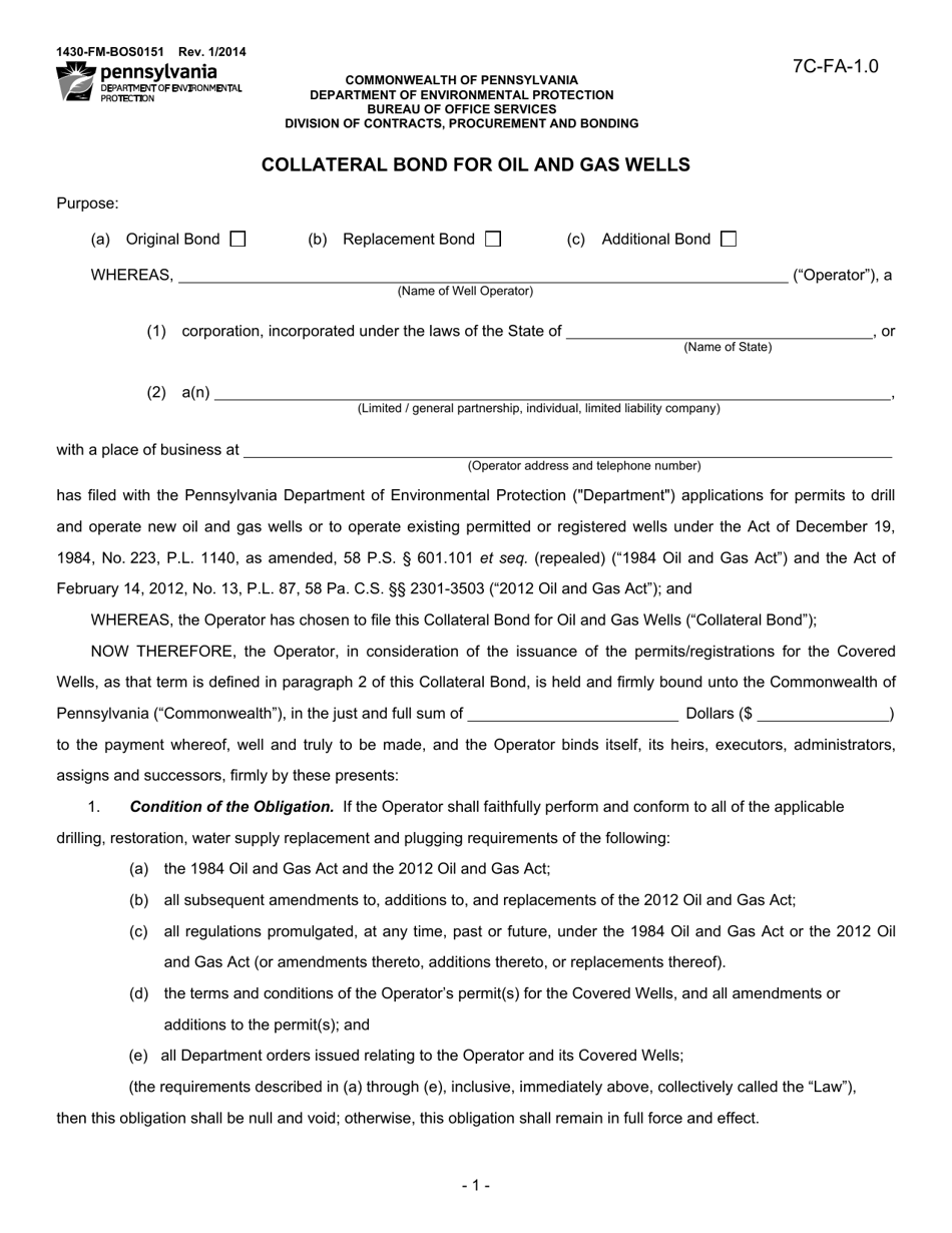 Form 1430-FM-BOS0151 Collateral Bond for Oil and Gas Wells - Pennsylvania, Page 1