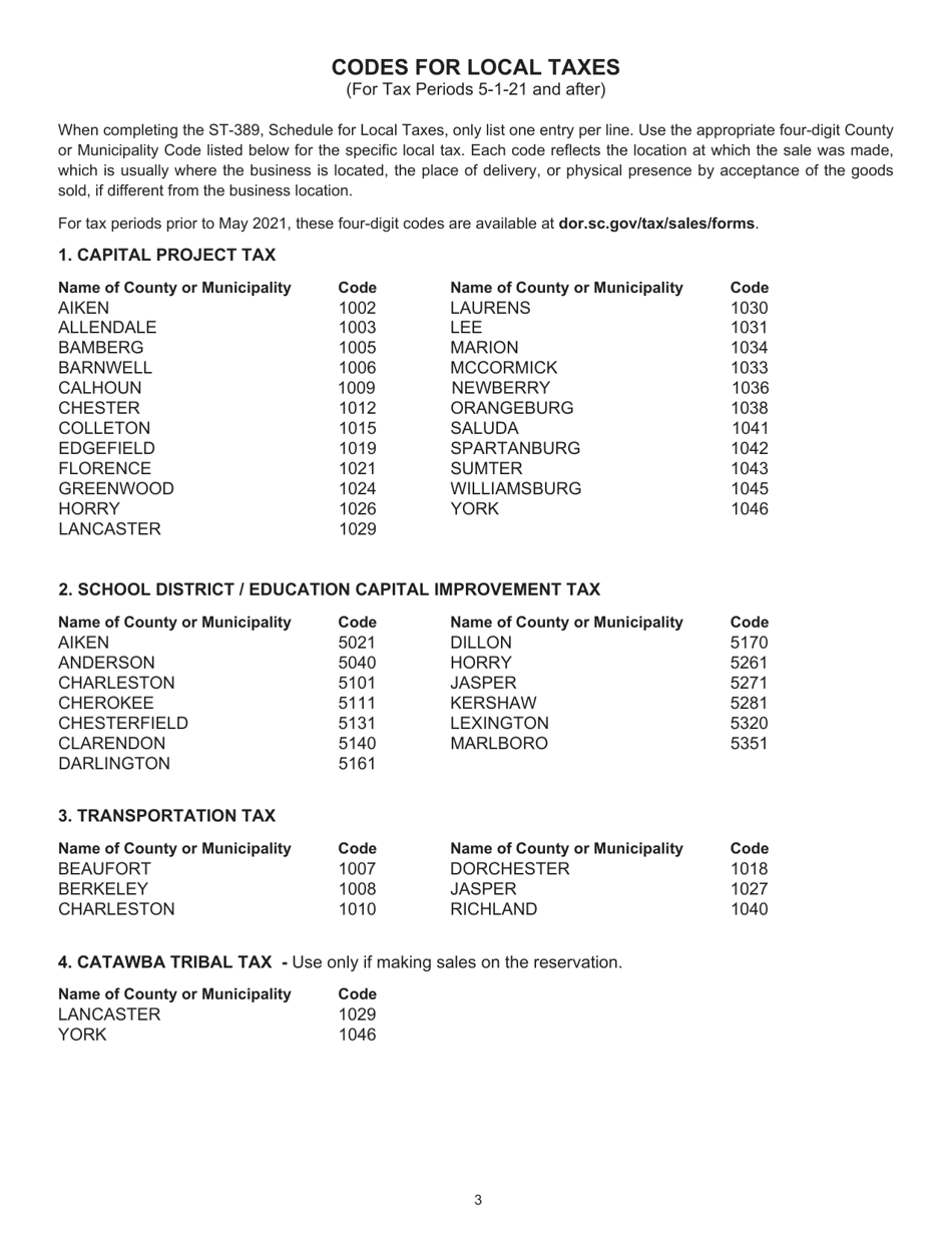 Instructions for Form ST-389 Schedule for Local Taxes - South Carolina, Page 3