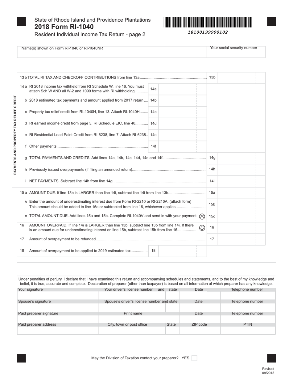 Form RI-1040 Resident Individual Income Tax Return - Rhode Island, Page 2