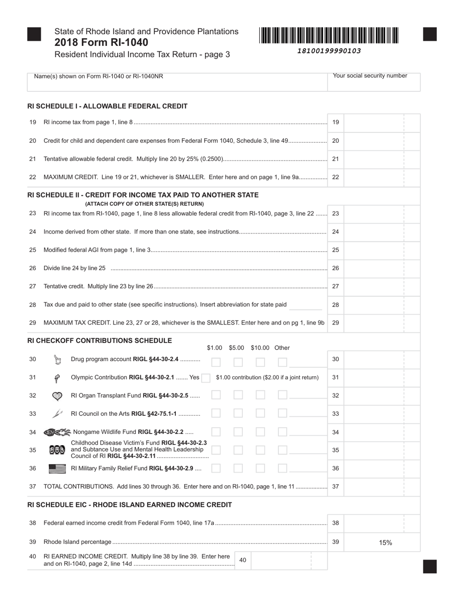 Form RI-1040 Resident Individual Income Tax Return - Rhode Island, Page 3