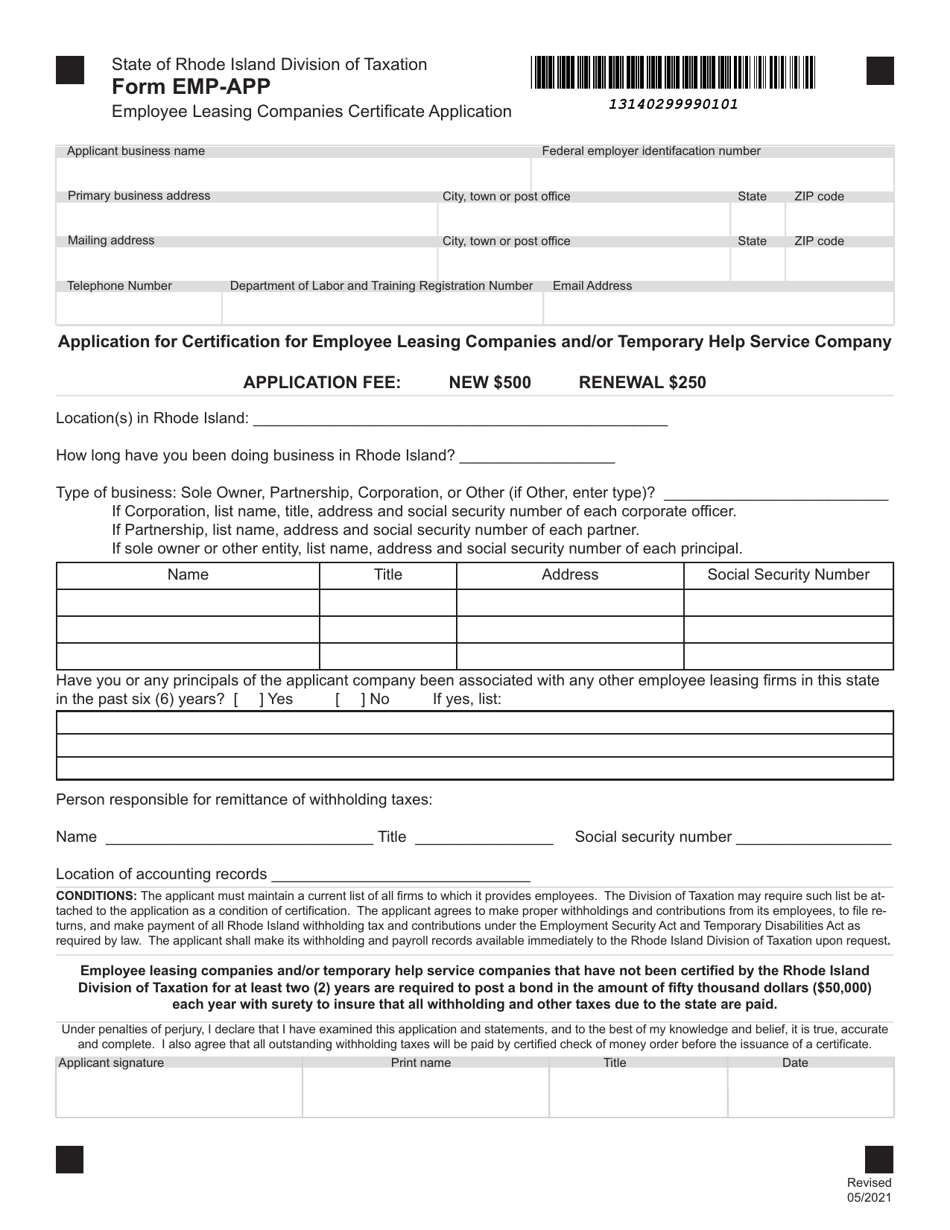 Form EMP-APP Employee Leasing Companies Certificate Application - Rhode Island, Page 1