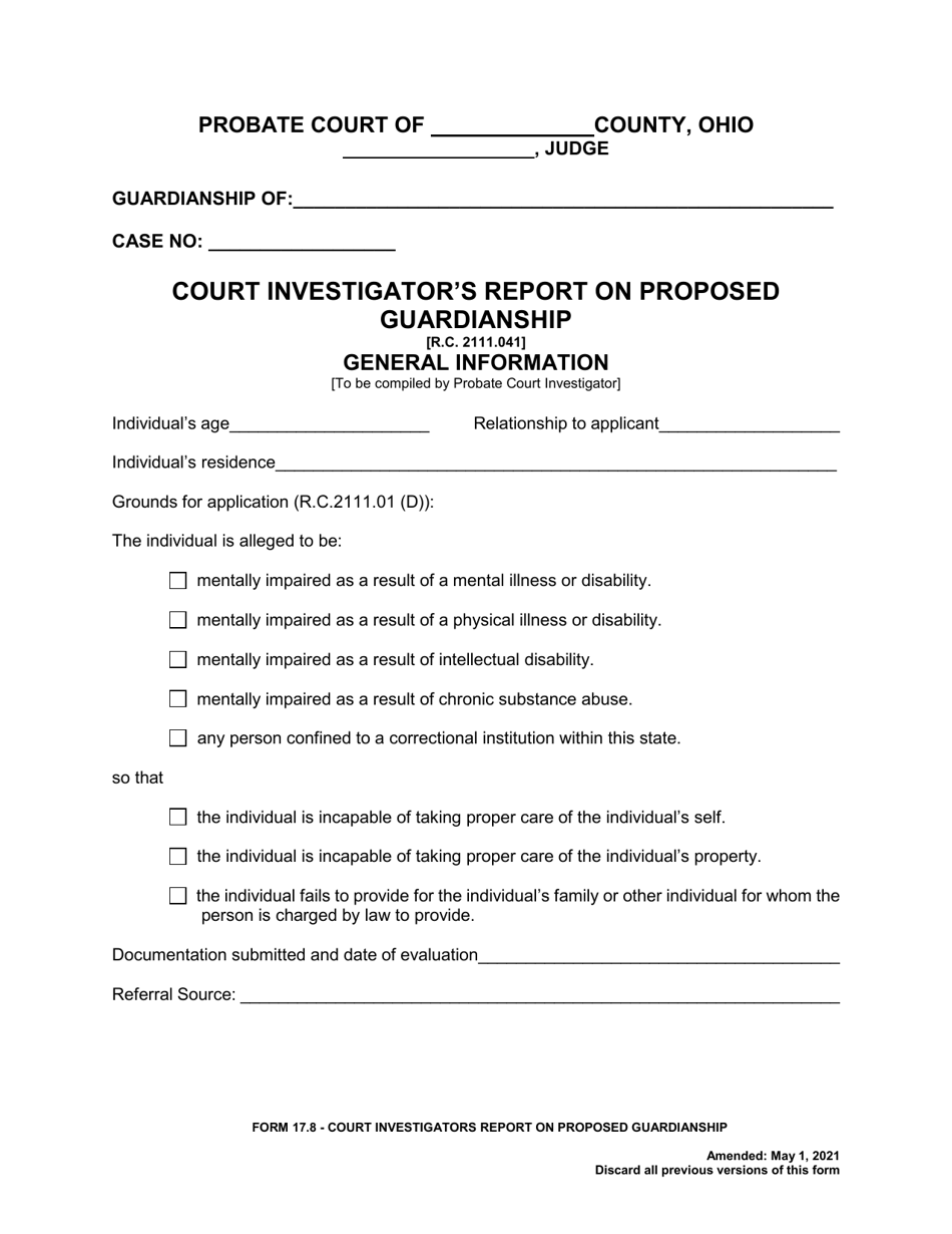 Form 17.8 Court Investigators Report on Proposed Guardianship - Ohio, Page 1