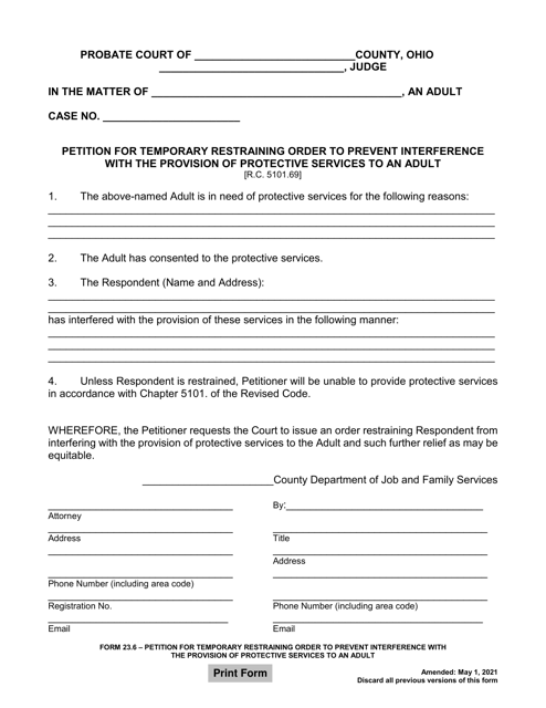 Form 23.6 Petition for Temporary Restraining Order to Prevent Interference With the Provision of Protective Services to an Adult - Ohio