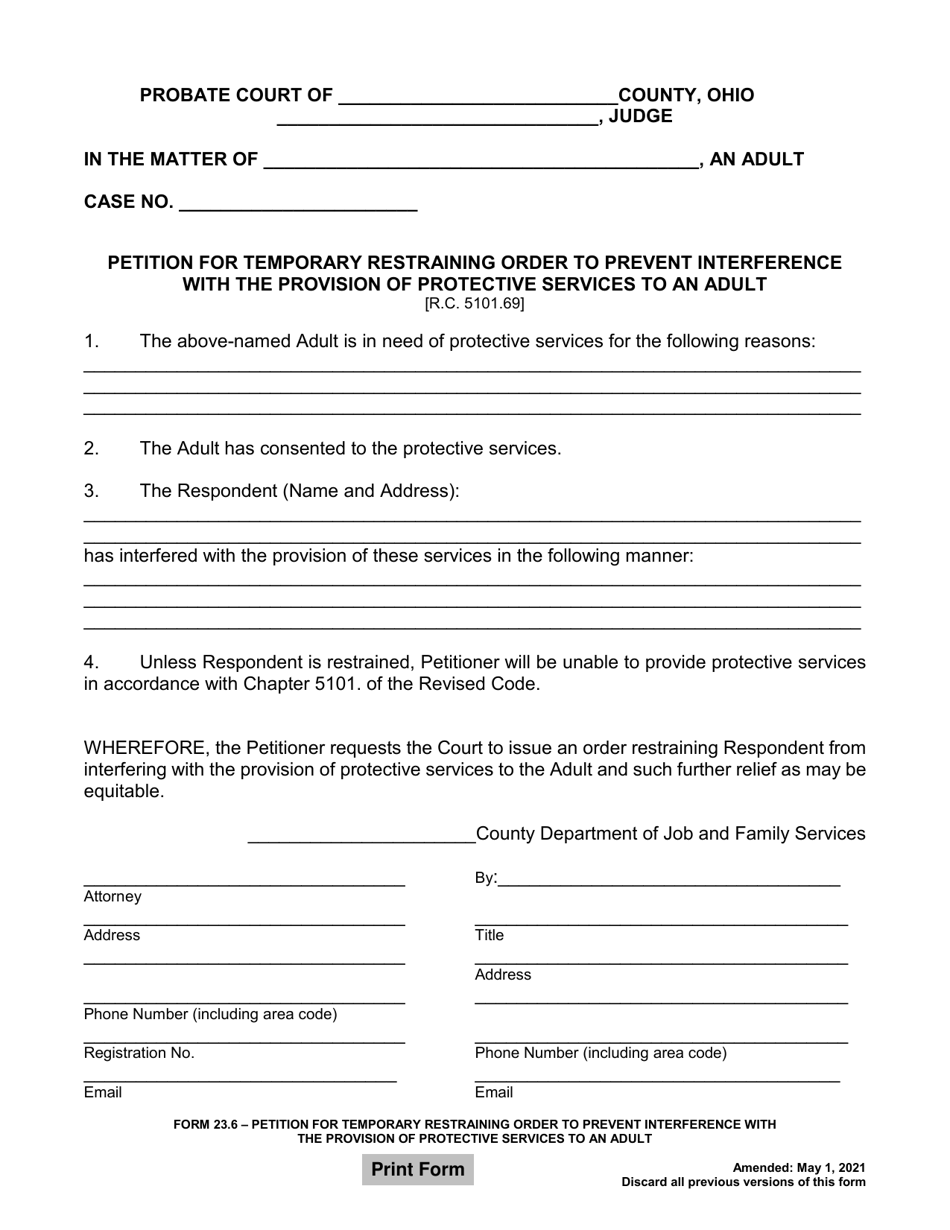 Form 23.6 Petition for Temporary Restraining Order to Prevent Interference With the Provision of Protective Services to an Adult - Ohio, Page 1