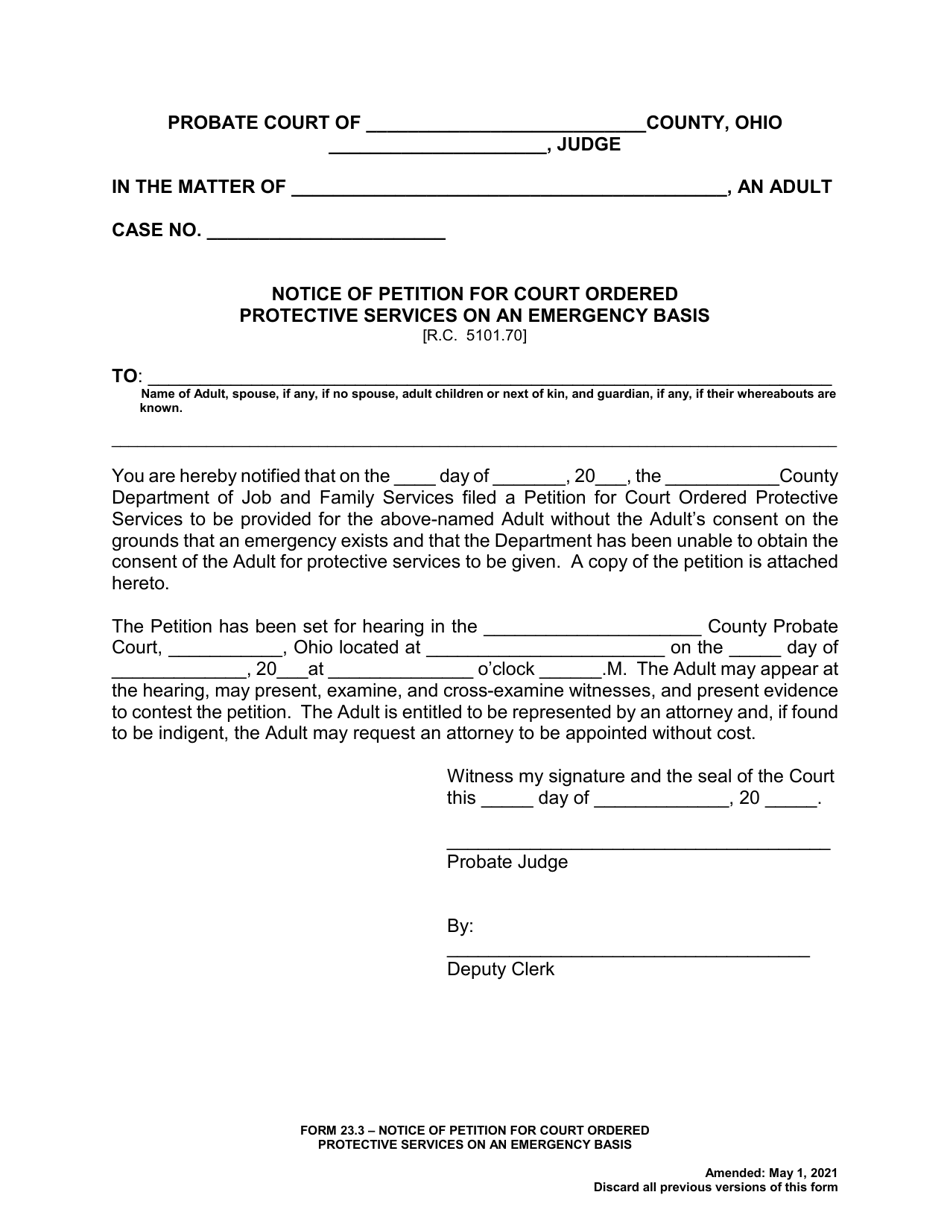 Form 23.3 Notice of Petition for Court Ordered Protective Services on an Emergency Basis - Ohio, Page 1