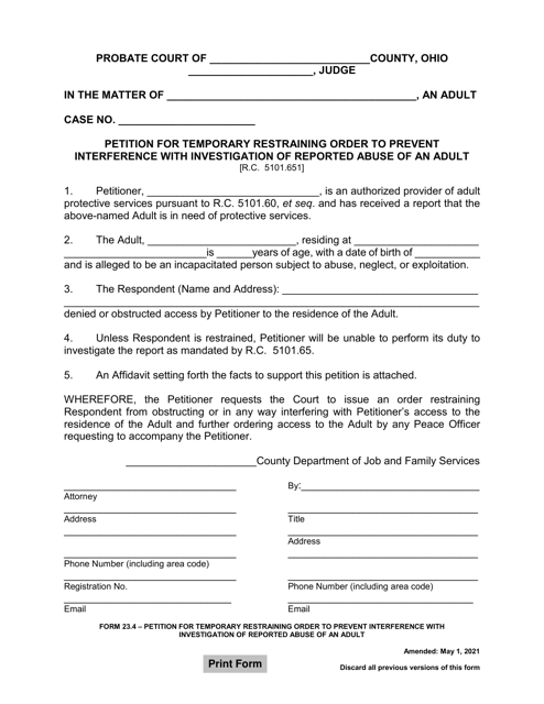 Form 23.4 Petition for Temporary Restraining Order to Prevent Interference With Investigation of Reported Abuse of an Adult - Ohio