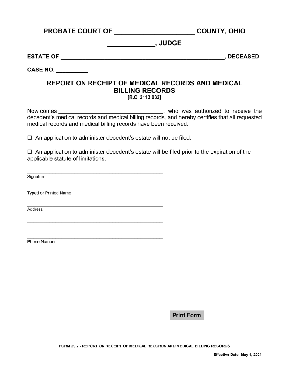 Form 29.2 Report on Receipt of Medical Records and Medical Billing Records - Ohio, Page 1
