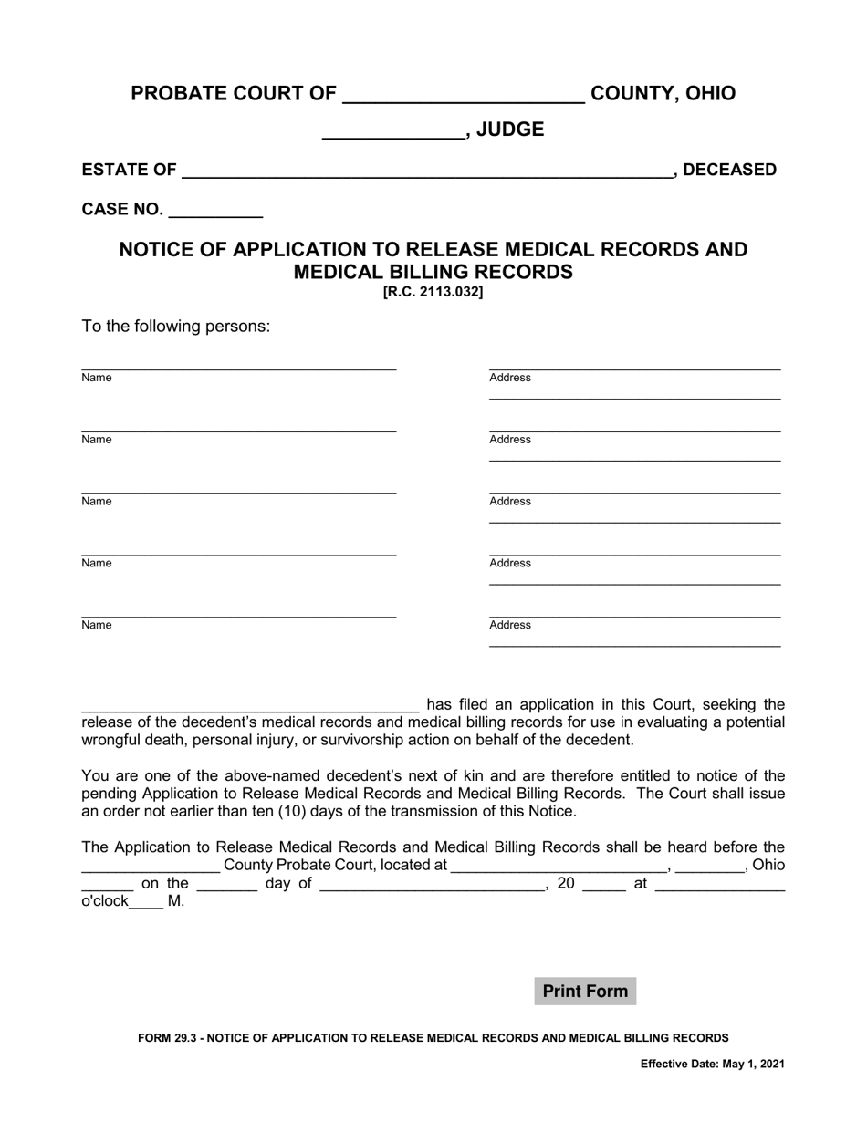 Form 29.3 Notice of Application to Release Medical Records and Medical Billing Records - Ohio, Page 1