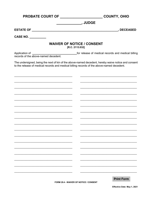 Form 29.4 Waiver of Notice/Consent - Ohio