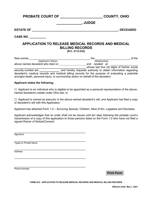 Form 29.0 Application to Release Medical Records and Medical Billing Records - Ohio