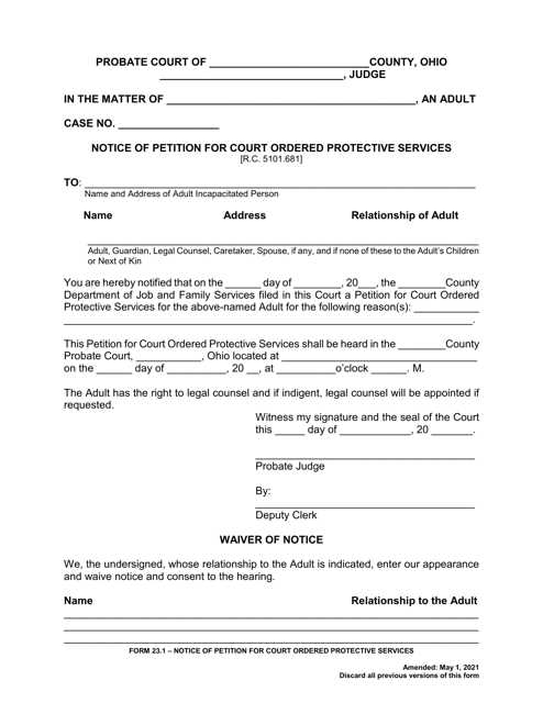 Form 23.1 Notice of Petition for Court Ordered Protective Services - Ohio