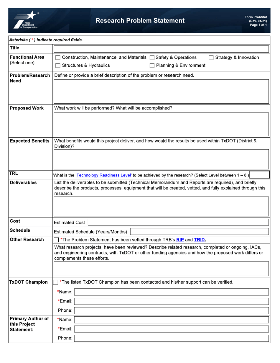 Form 2548 (PROBSTAT) Research Problem Statement - Texas, Page 1