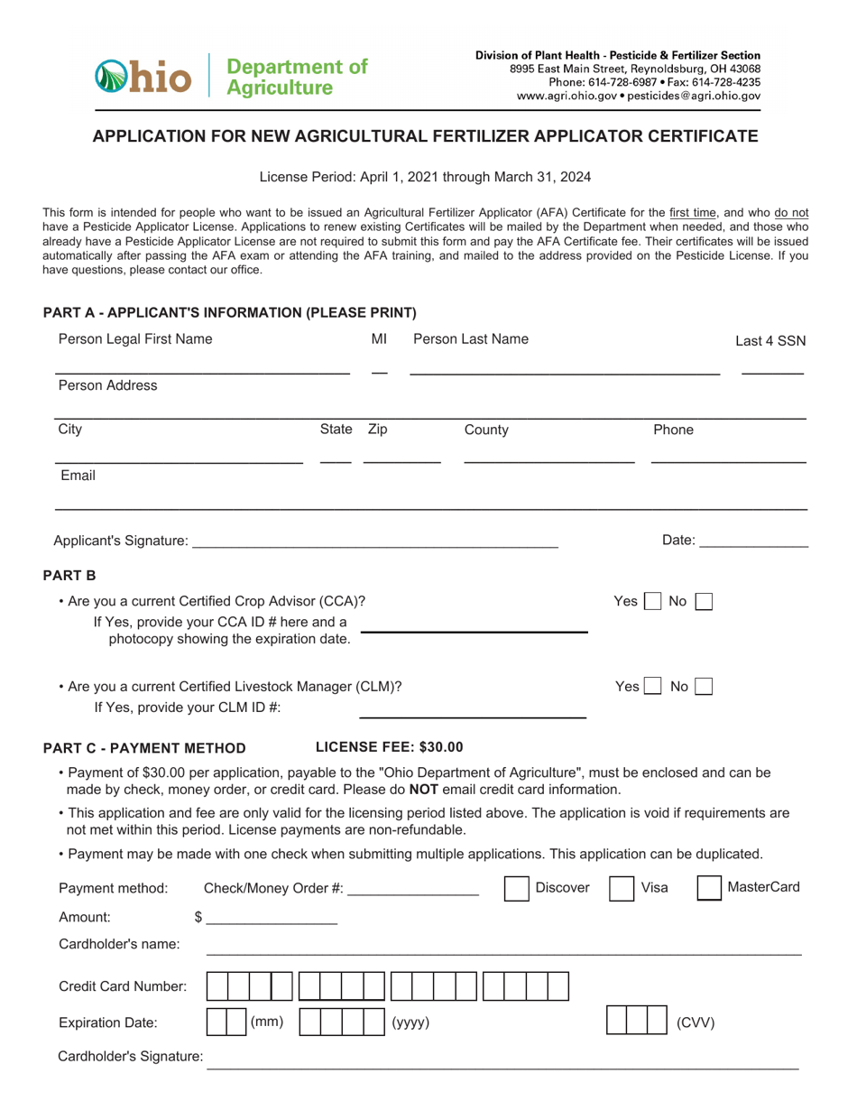 Application for New Agricultural Fertilizer Applicator Certificate - Ohio, Page 1