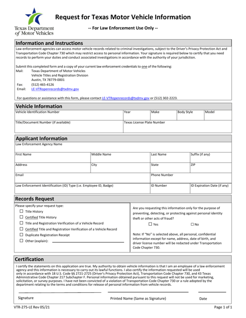 Form VTR-275-LE Request for Texas Motor Vehicle Information [law Enforcement] - Texas