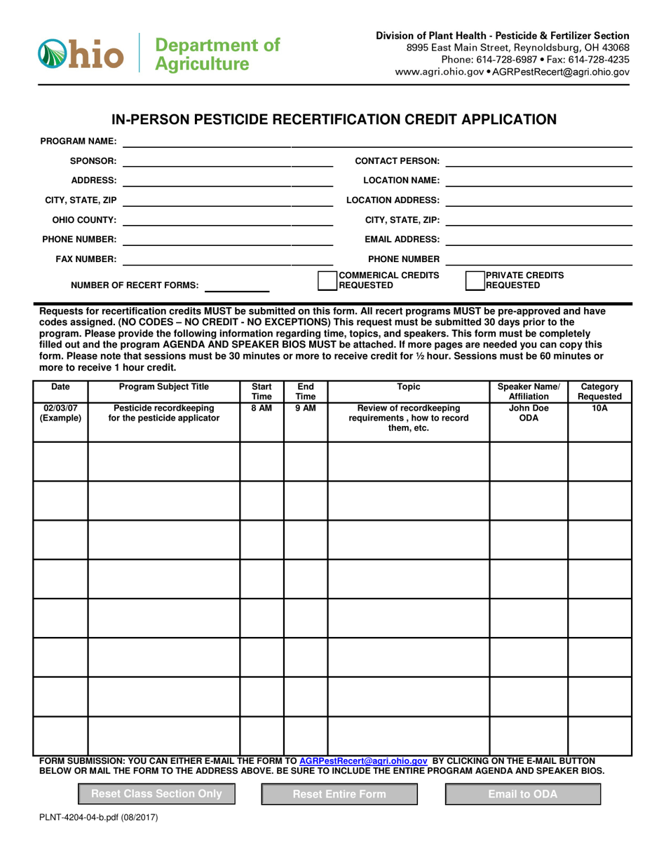 Form PLNT-4204-04-B In-person Pesticide Recertification Credit Application - Ohio, Page 1