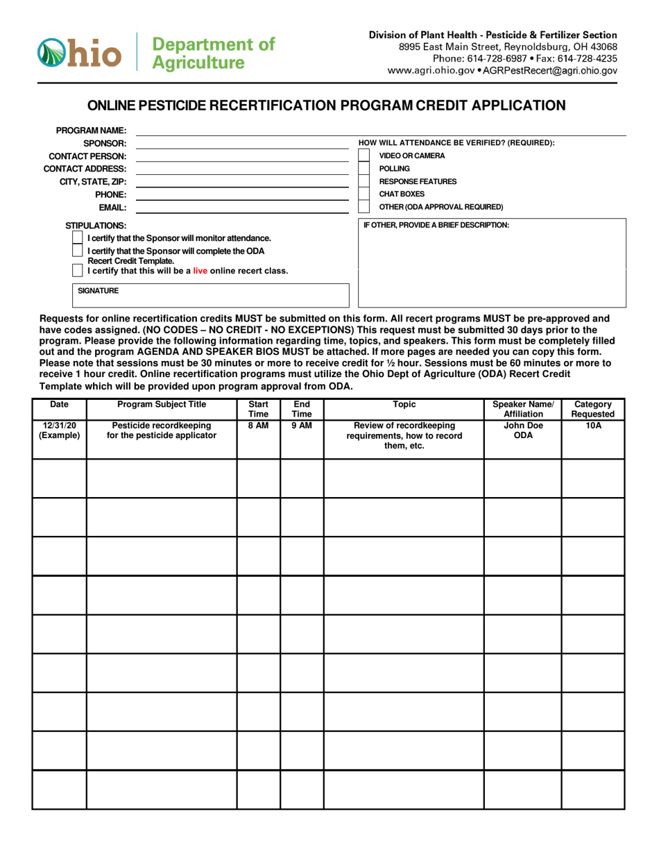 Form PLNT-4204-014-E Online Pesticide Recertification Program Credit Application - Ohio, Page 1