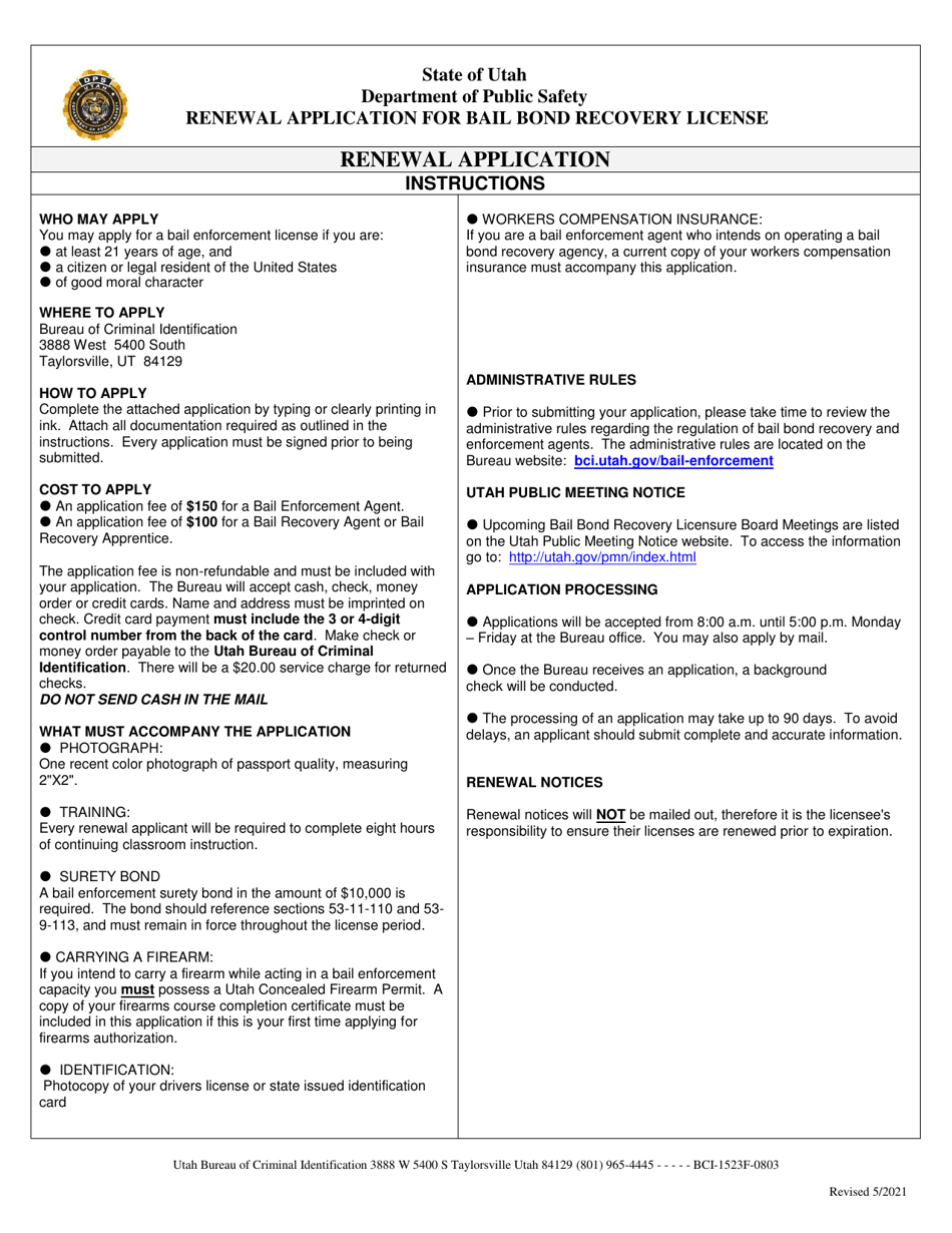 Renewal Application for Bail Bond Recovery License - Utah, Page 1