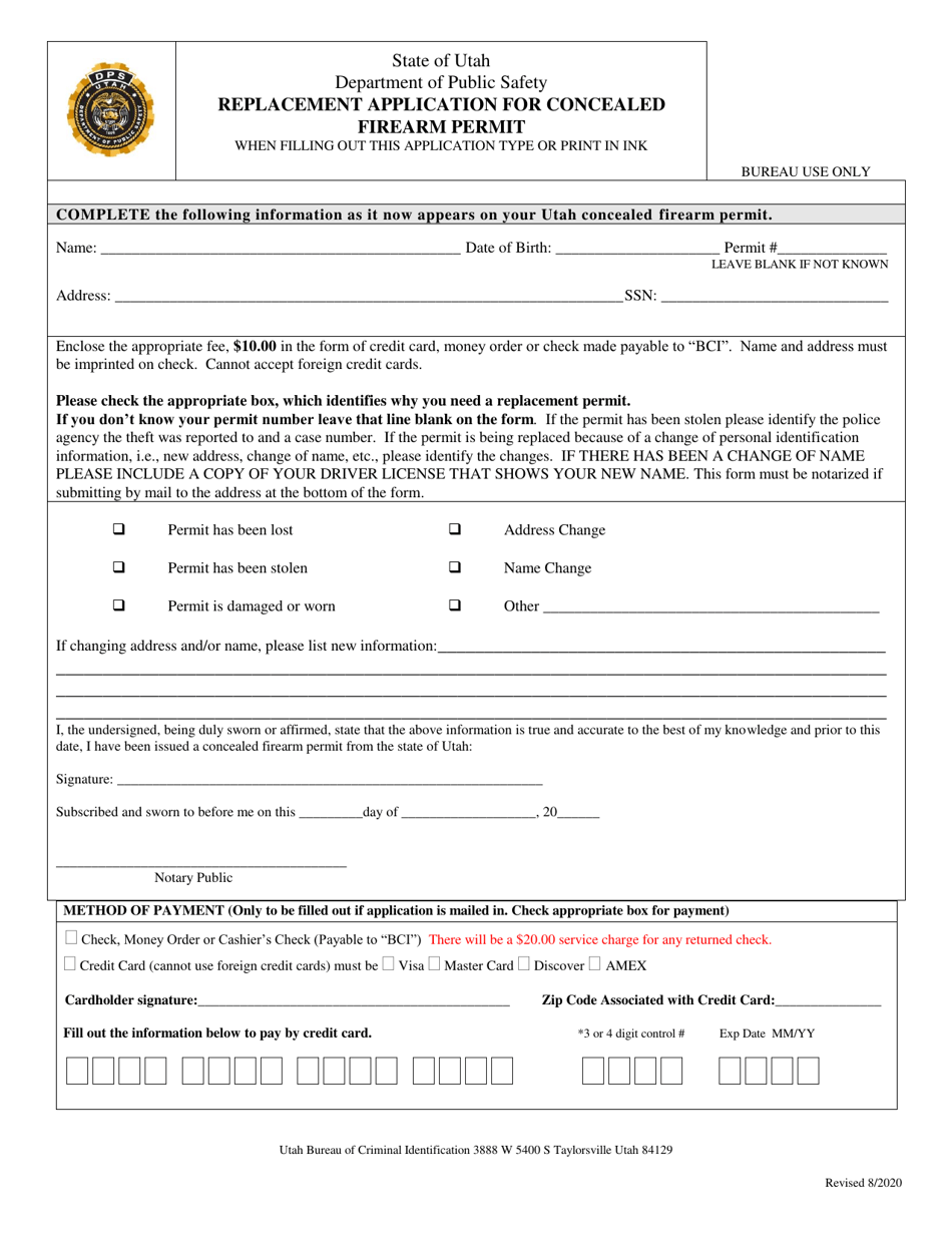 Replacement Application for Concealed Firearm Permit - Utah, Page 1
