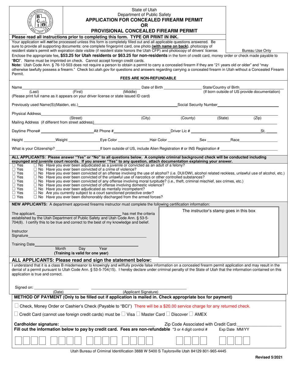 Application for Concealed Firearm Permit or Provisional Concealed Firearm Permit - Utah, Page 2