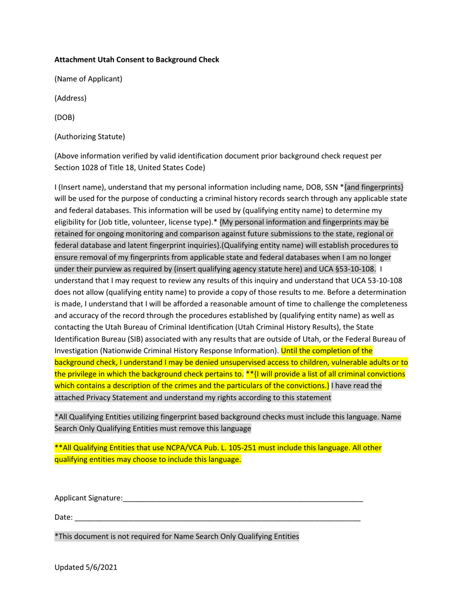 Utah Consent to Background Check - Utah, Page 1