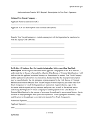 Document preview: Authorization to Transfer Win Rapback Subscription for Tow Truck Operators - Utah