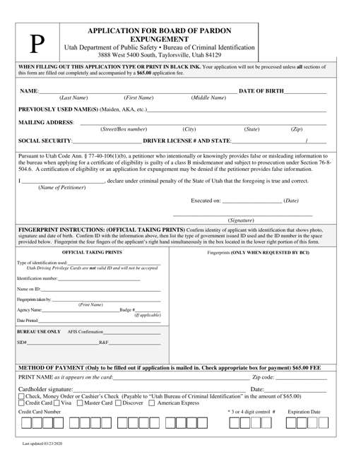 Application for Board of Pardon Expungement - Utah Download Pdf
