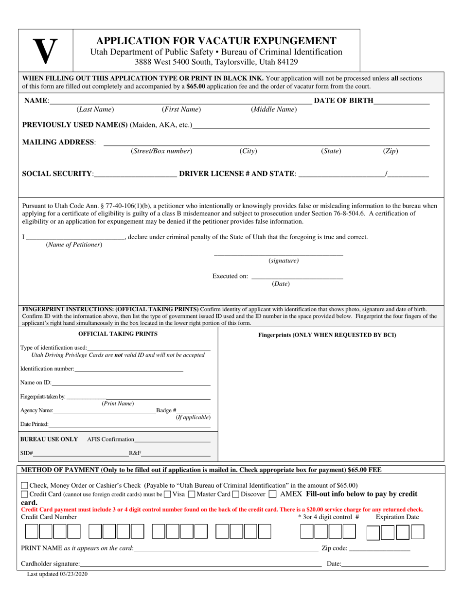 Application for Vacatur Expungement - Utah, Page 1