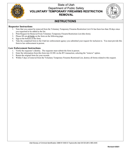 Request for Early Removal From the Voluntary Temporary Firearms Restriction List - Utah Download Pdf