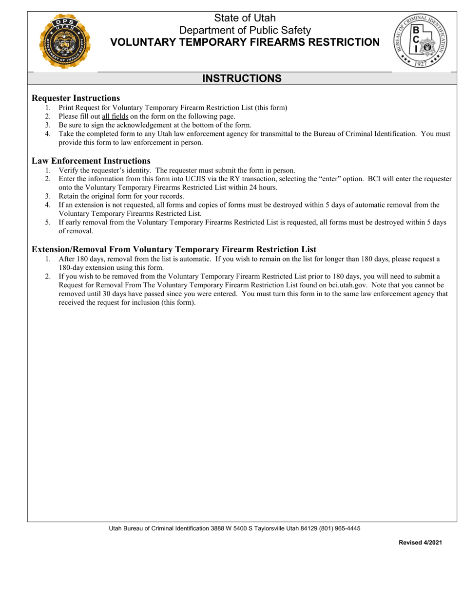 Request for Inclusion in the Voluntary Temporary Firearms Restriction List - Utah, Page 1